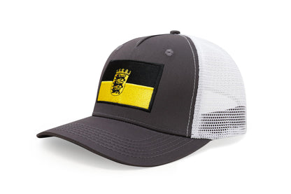 International Tie State Hat for Men and Women, Adjustable Snapback Trucker Baseball Cap with Embroidered Patch (Baden-Wurttemberg, Grey White)