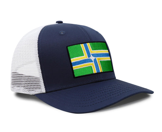 International Tie City Hat for Men and Women, Adjustable Snapback Trucker Baseball Cap with Embroidered Patch (Portland, Navy White)