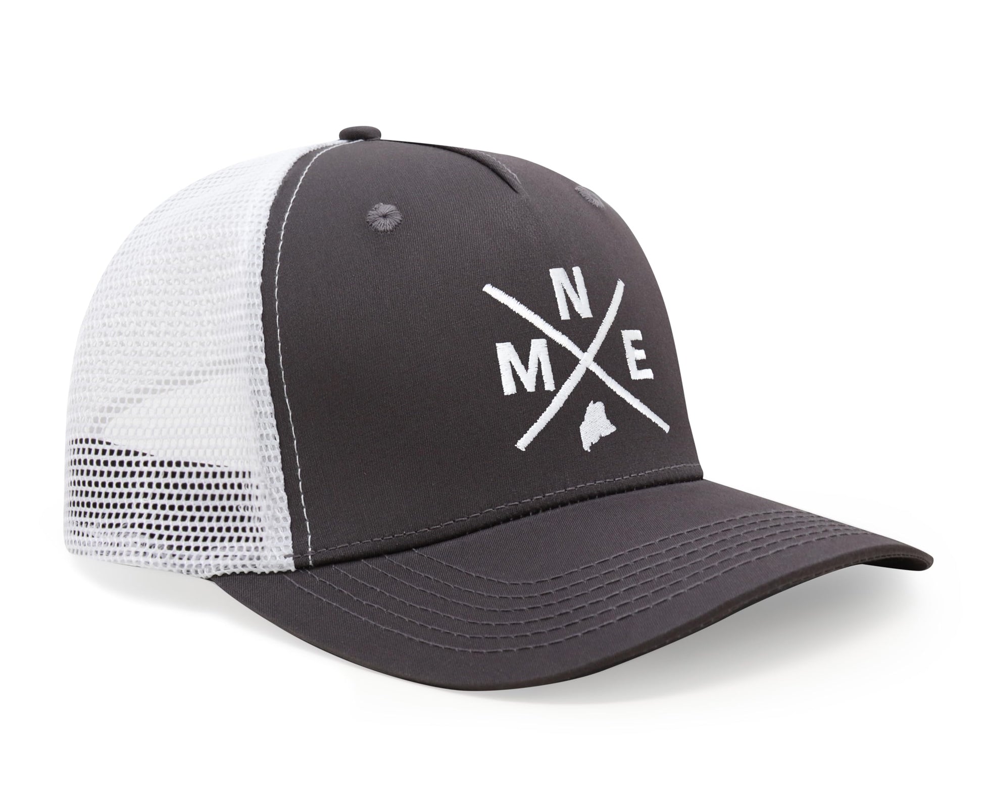 International Tie State City Hat for Men and Women, Snapback Trucker Baseball Cap with Embroidered Cross Logo (MNE - Maine, Grey White) - International Tie