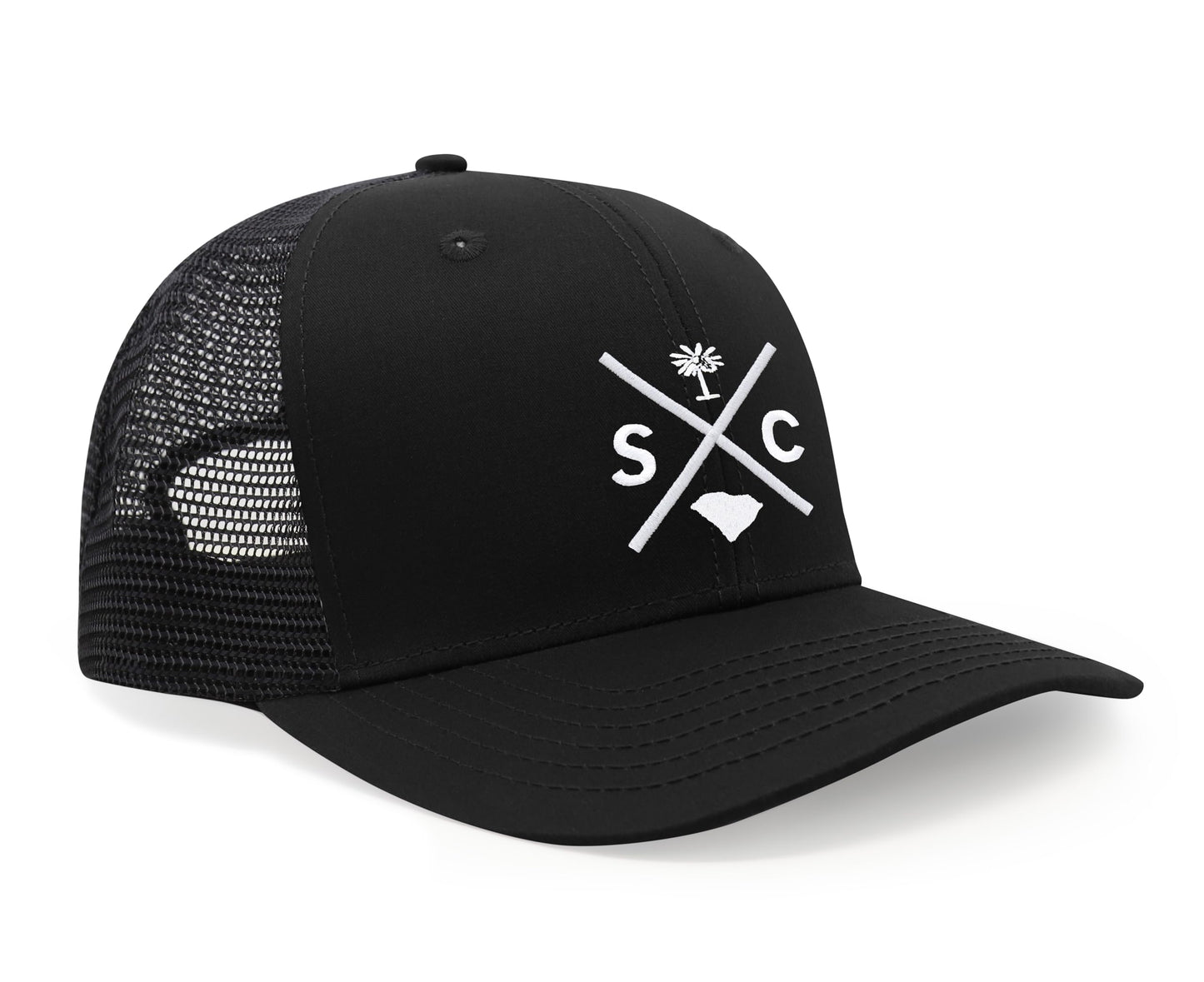 International Tie Hat for Men and Women, Adjustable Snapback Trucker Baseball Cap, Embroidered Cross Logo (SC - South Carolina, All Black)