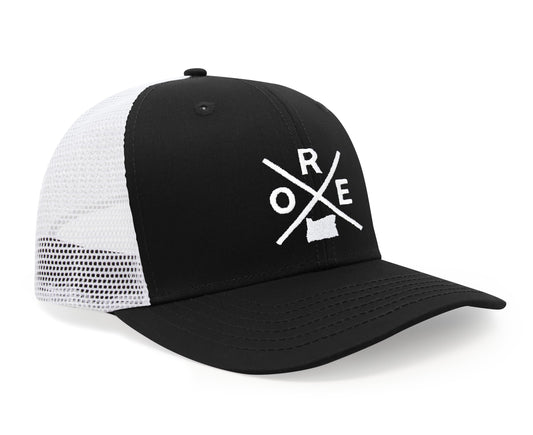 International Tie Hat for Men and Women, Snapback Trucker Baseball Cap, Embroidered Cross Logo (ORE - Oregon, Black White) - International Tie