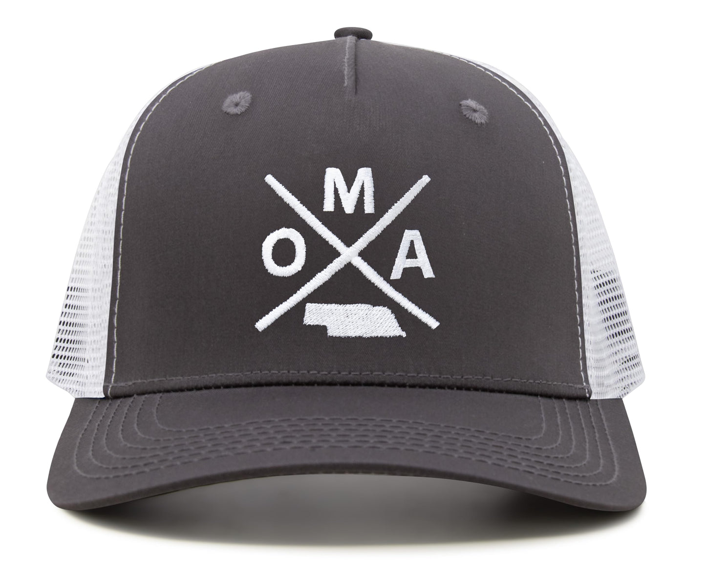 International Tie Hat for Men and Women, Snapback Trucker Baseball Cap, Embroidered Cross Logo (OMA - Omaha, Grey White) - International Tie