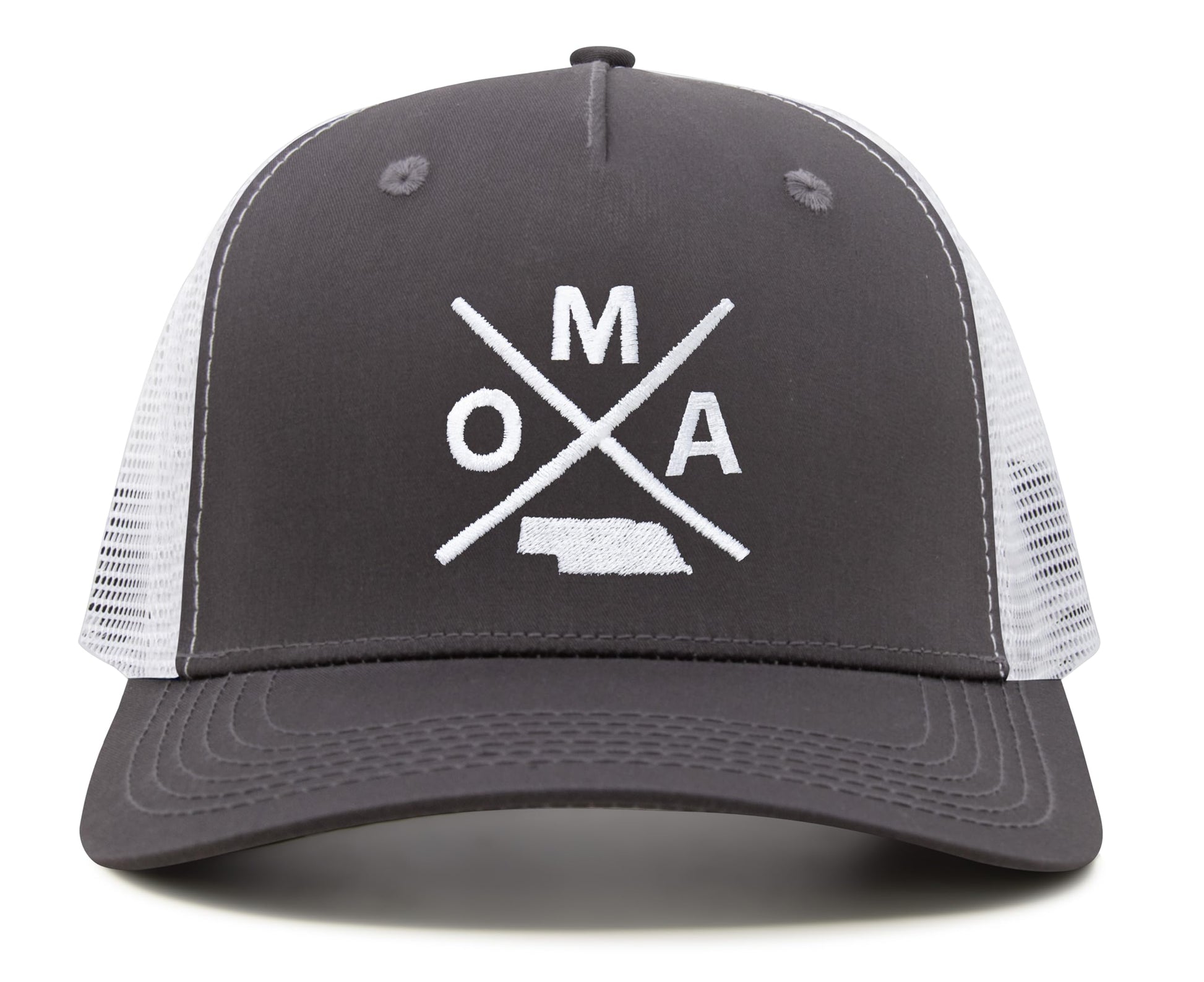 International Tie Hat for Men and Women, Snapback Trucker Baseball Cap, Embroidered Cross Logo (OMA - Omaha, Grey White) - International Tie
