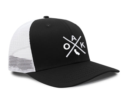 International Tie Hat for Men and Women, Adjustable Snapback Trucker Baseball Cap, Embroidered Cross Logo (OAK - Oakland, Black White)