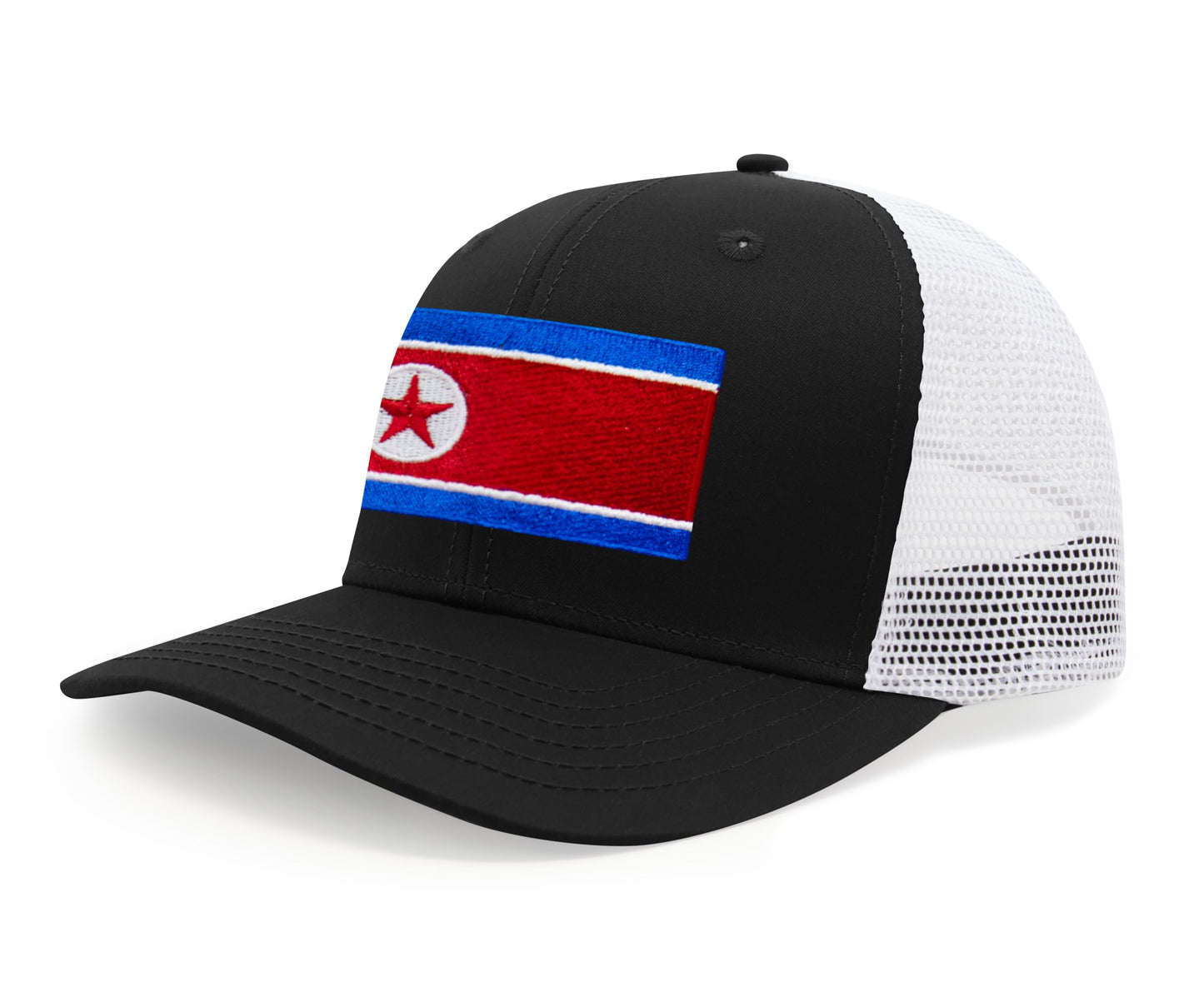 International Tie North Korea Flag Hat for Men and Women - Adjustable Snapback Trucker Baseball Cap (Black White)
