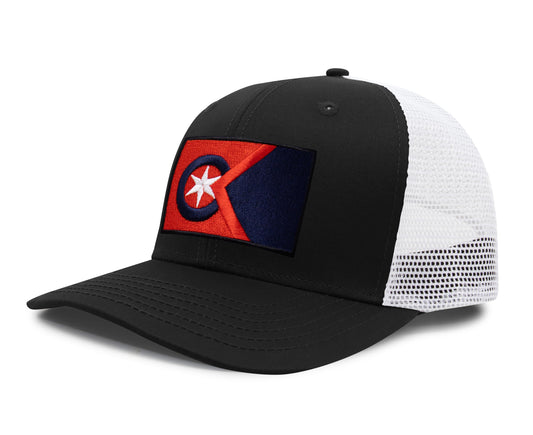 International Tie Cleveland Flag Hat for Men and Women - Adjustable Snapback Trucker Baseball Cap (Black White)
