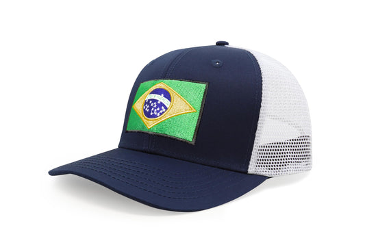 International Tie Country Hat for Men and Women, Adjustable Snapback Trucker Baseball Cap with Embroidered Patch (Brazil, Navy White)