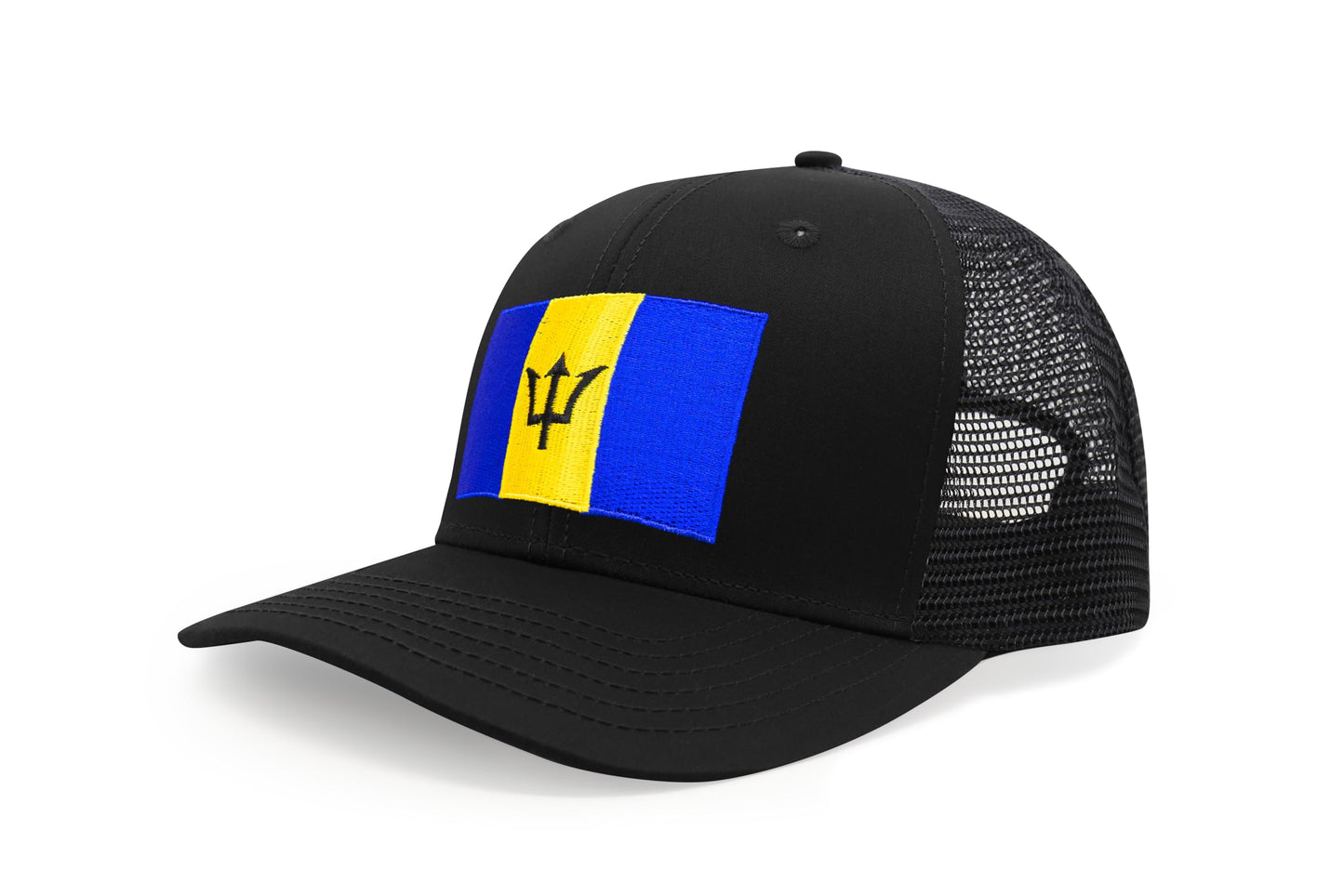 International Tie Country Hat for Men and Women, Adjustable Snapback Trucker Baseball Cap with Embroidered Patch (Barbados, All Black) - International Tie