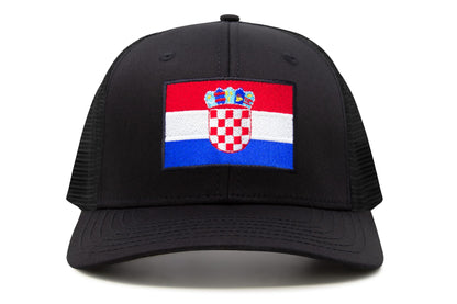 International Tie Country Hat for Men and Women, Adjustable Snapback Trucker Baseball Cap with Embroidered Patch (Croatia, All Black)
