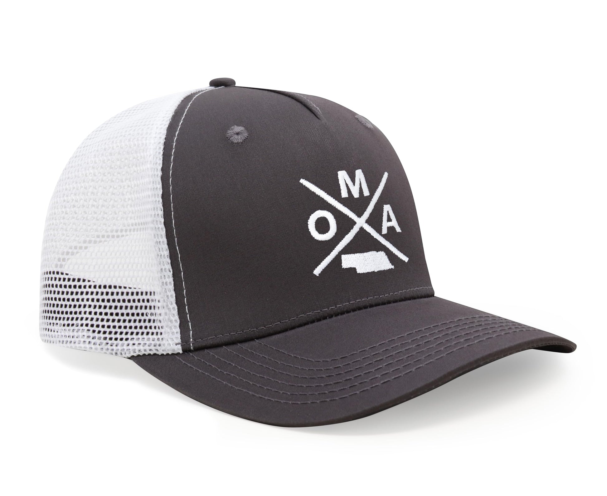 International Tie Hat for Men and Women, Snapback Trucker Baseball Cap, Embroidered Cross Logo (OMA - Omaha, Grey White) - International Tie