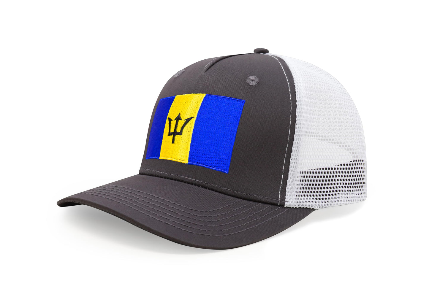 International Tie Country Hat for Men and Women, Adjustable Snapback Trucker Baseball Cap with Embroidered Patch (Barbados, Grey White) - International Tie