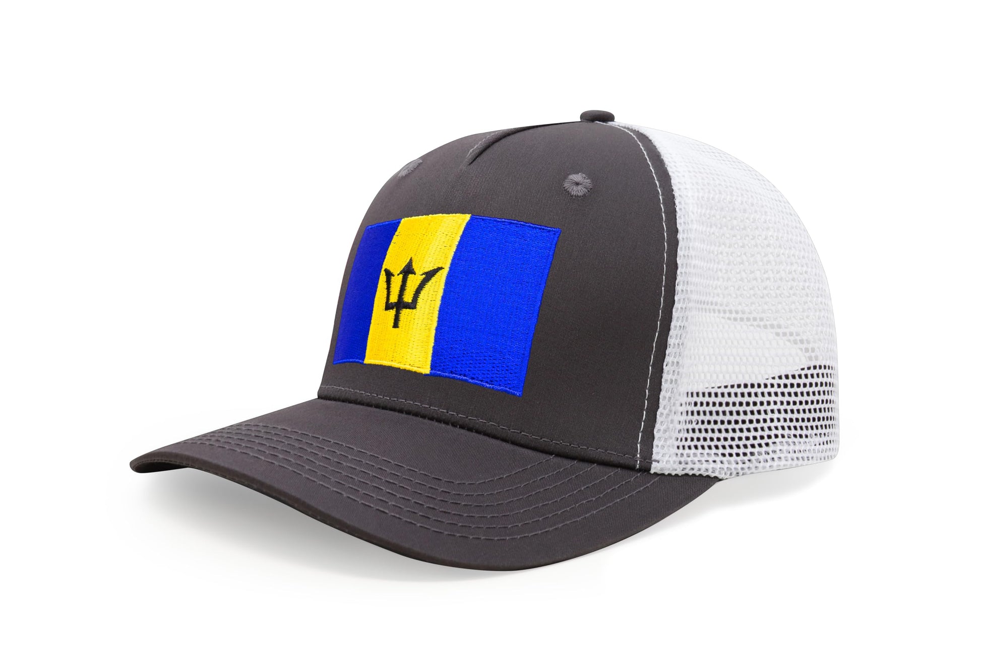 International Tie Country Hat for Men and Women, Adjustable Snapback Trucker Baseball Cap with Embroidered Patch (Barbados, Grey White) - International Tie