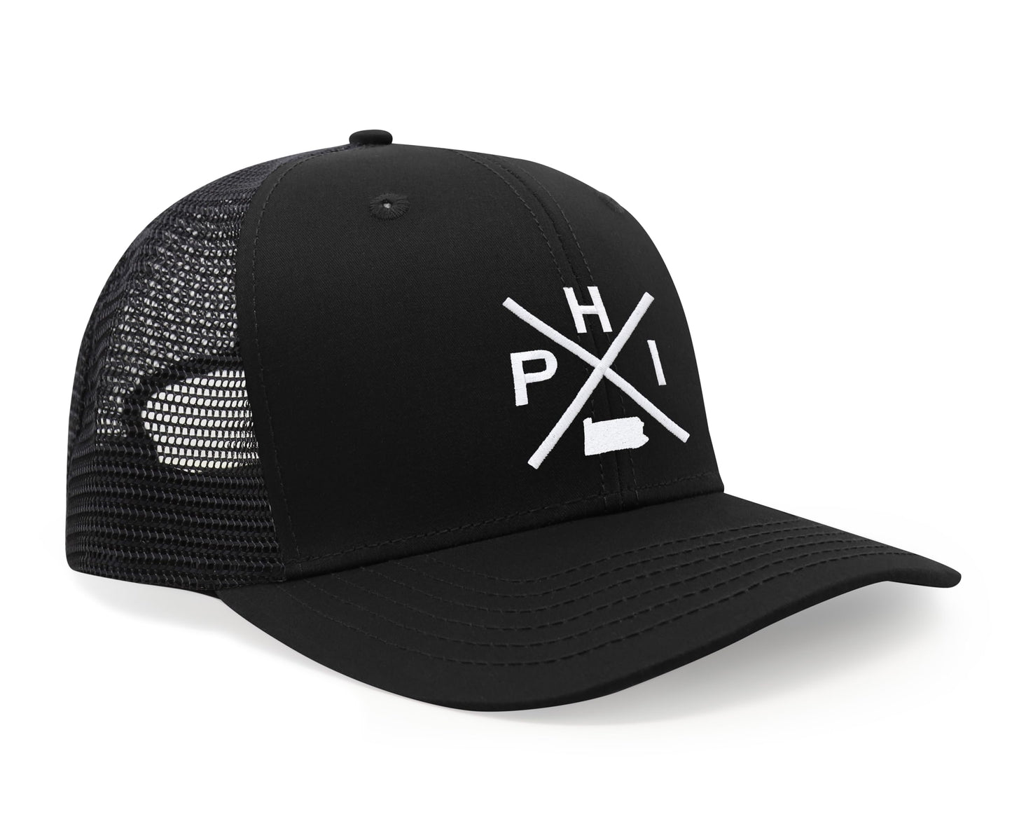 International Tie Hat for Men and Women, Adjustable Snapback Trucker Baseball Cap, Embroidered Cross Logo (PHI - Philadelphia, All Black)