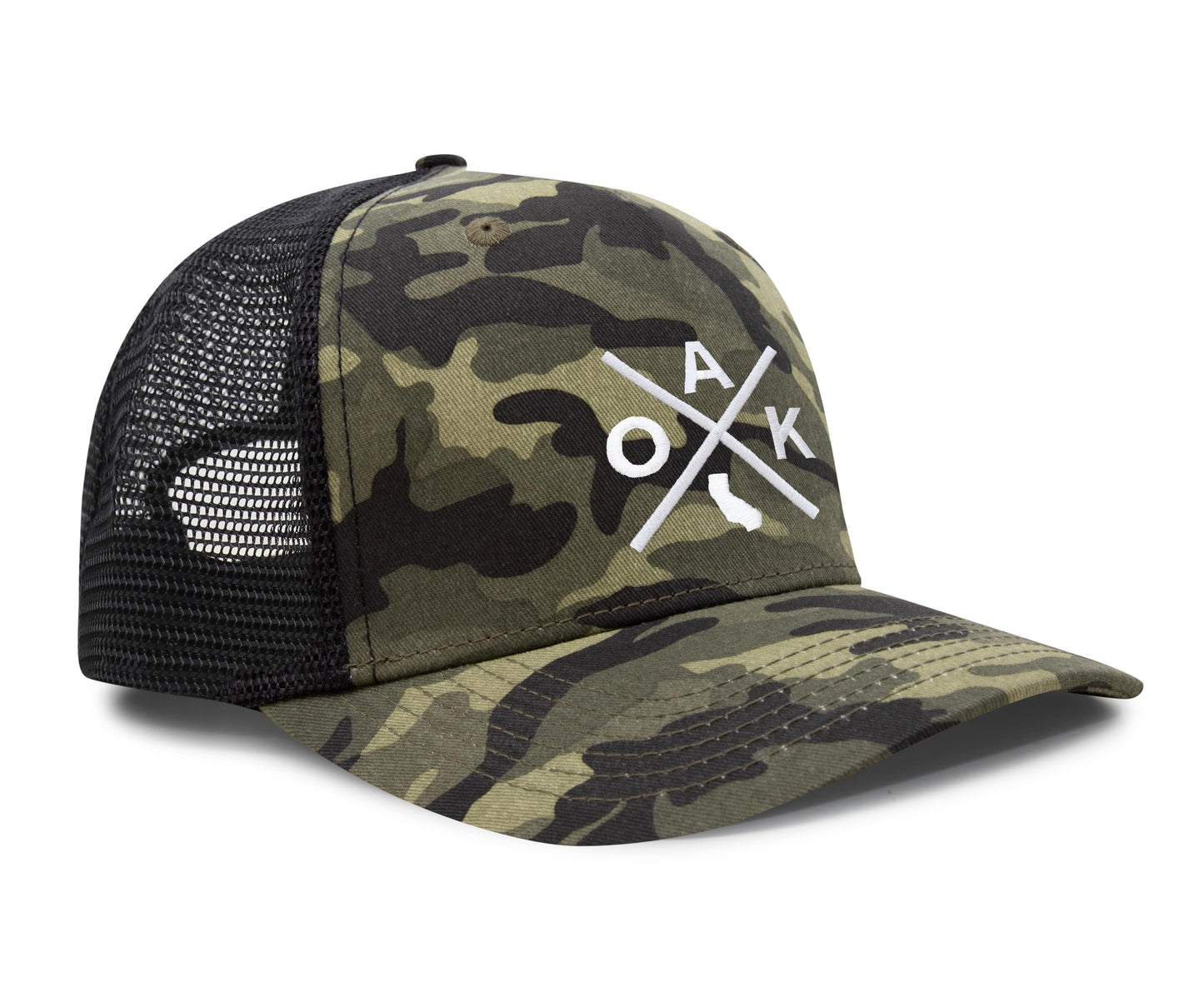 International Tie Hat for Men and Women, Adjustable Snapback Trucker Baseball Cap, Embroidered Cross Logo (OAK - Oakland, Camouflage)
