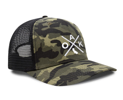 International Tie Hat for Men and Women, Adjustable Snapback Trucker Baseball Cap, Embroidered Cross Logo (OAK - Oakland, Camouflage)