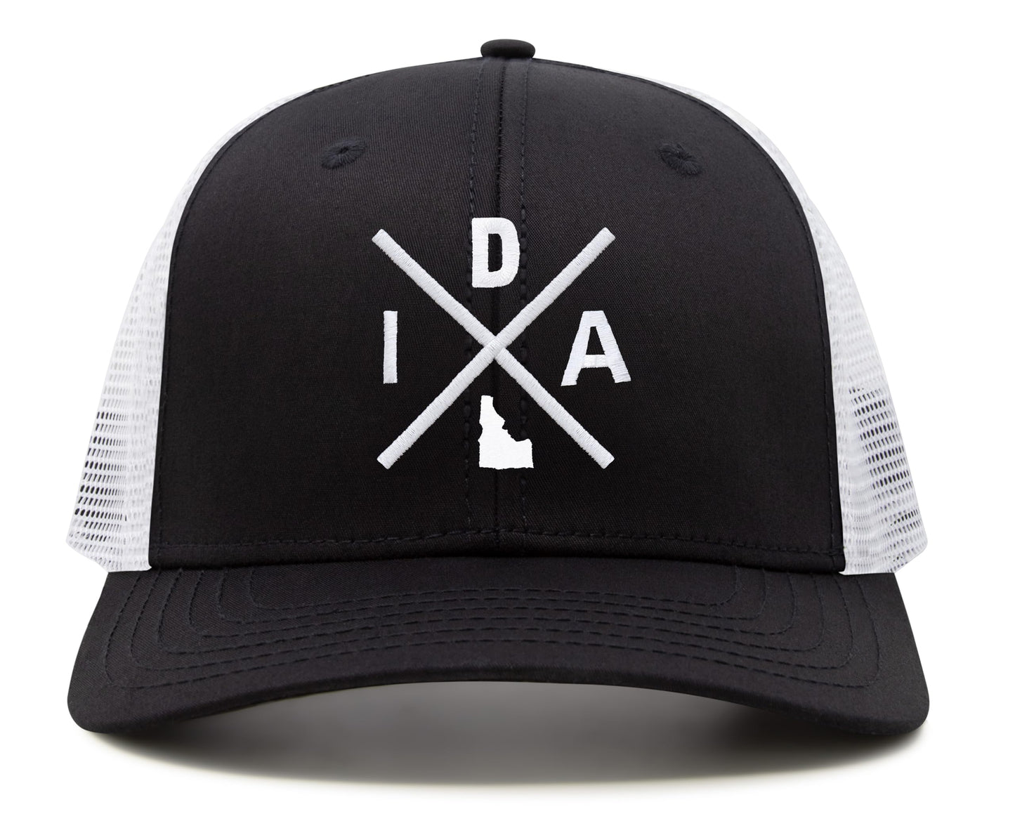 International Tie Hat for Men and Women, Adjustable Snapback Trucker Baseball Cap, Embroidered Cross Logo (IDA - Idaho, Black White)