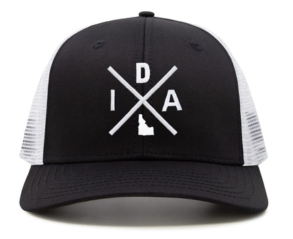 International Tie Hat for Men and Women, Adjustable Snapback Trucker Baseball Cap, Embroidered Cross Logo (IDA - Idaho, Black White)