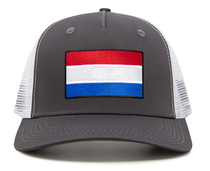 International Tie Netherlands Flag Hat for Men and Women - Adjustable Snapback Trucker Baseball Cap (Grey White)