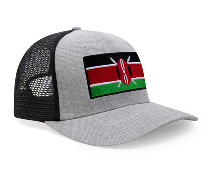 International Tie Kenya Flag Hat for Men and Women - Adjustable Snapback Trucker Baseball Cap (Grey Black)