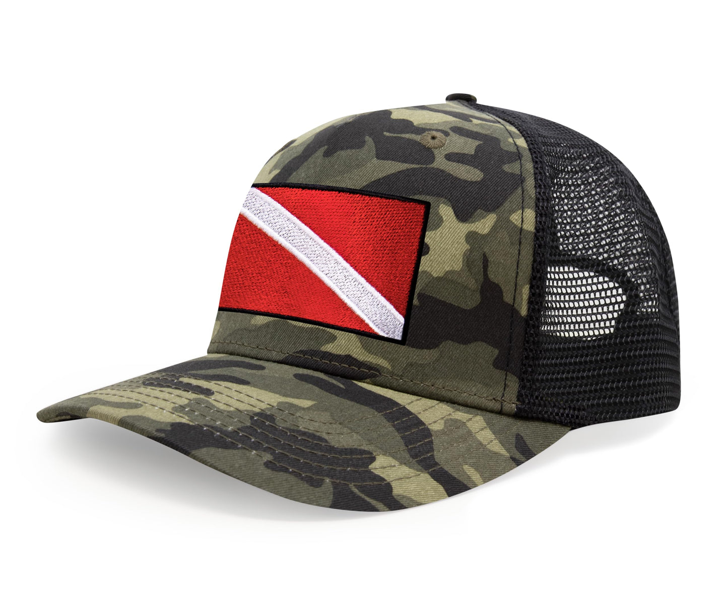 International Tie Scuba Diver Hat for Men and Women, Adjustable Snapback Trucker Baseball Cap with Embroidered Scuba Flag (Camouflage)