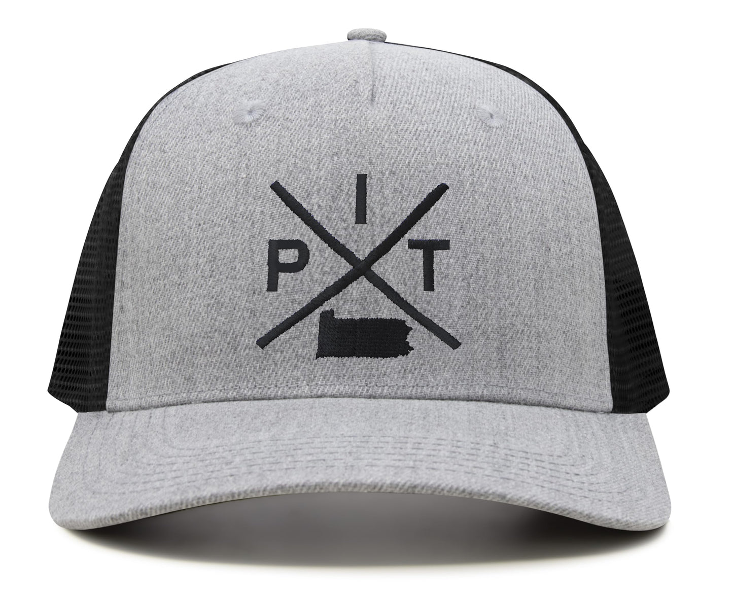 International Tie Hat for Men and Women, Snapback Trucker Baseball Cap, Embroidered Cross Logo (Pit - Pittsburgh, Grey Black)