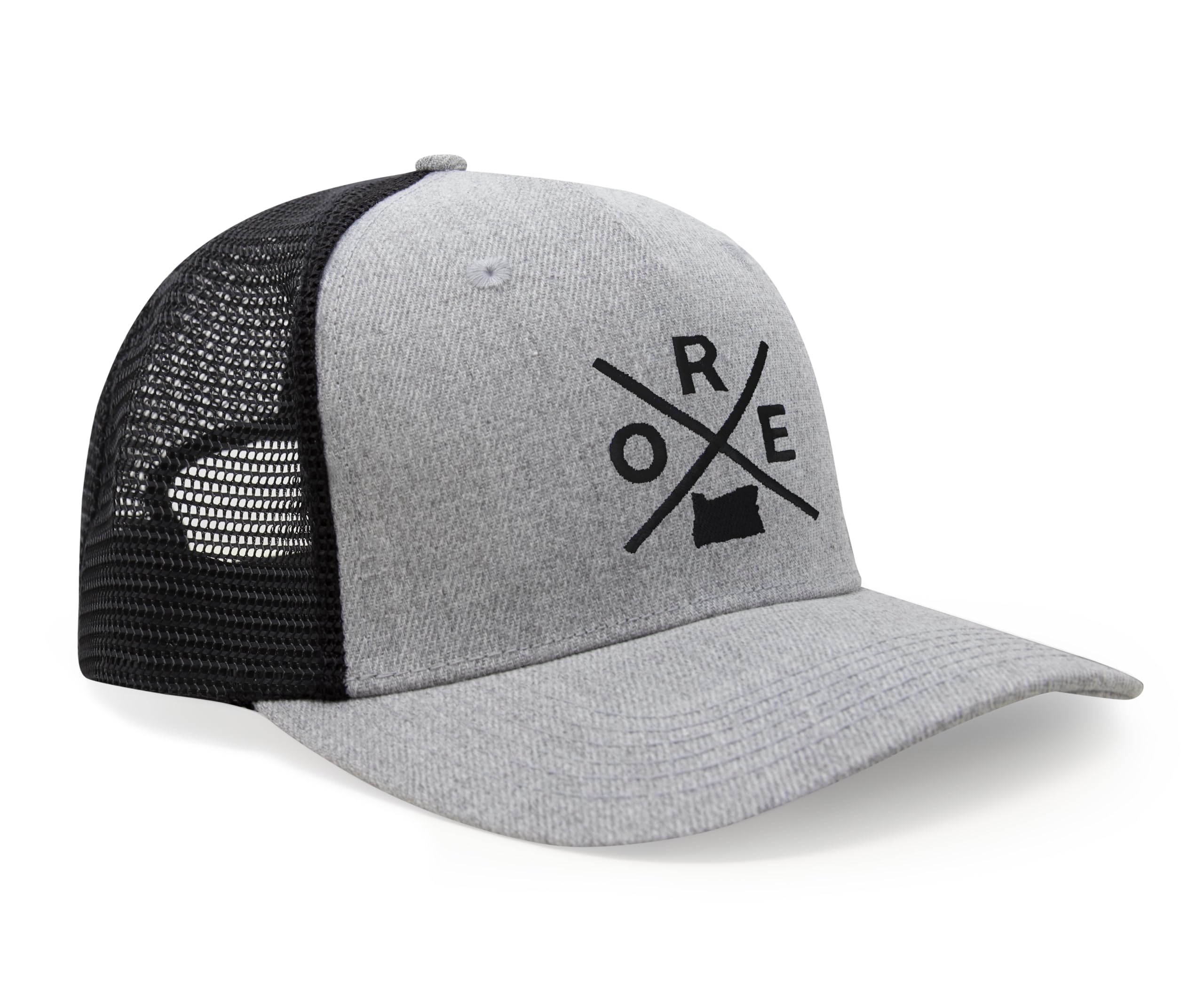 International Tie Hat for Men and Women, Snapback Trucker Baseball Cap, Embroidered Cross Logo (ORE - Oregon, Grey Black)