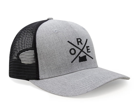 International Tie Hat for Men and Women, Snapback Trucker Baseball Cap, Embroidered Cross Logo (ORE - Oregon, Grey Black) - International Tie