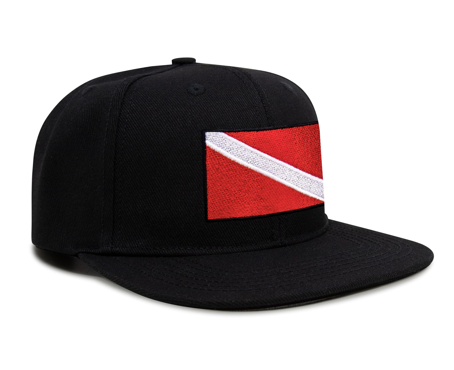 International Tie Scuba Diver Hat for Men and Women, Adjustable Snapback Trucker Baseball Cap with Embroidered Scuba Flag (Black Flatbill)