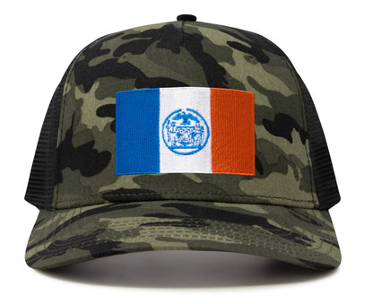 International Tie New York City Flag Hat for Men and Women - Adjustable Snapback Trucker Baseball Cap (Camouflage)