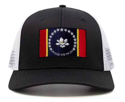 International Tie Mississippi Flag Hat for Men and Women – Snapback Trucker Baseball Cap (Black White)