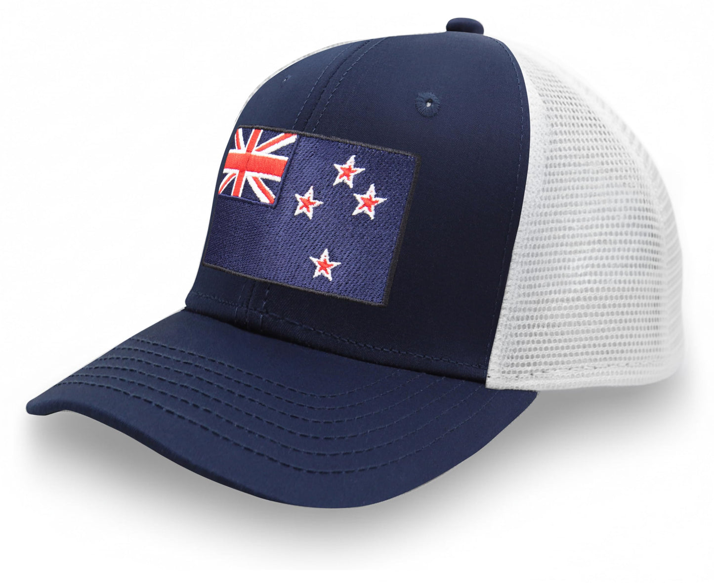 International Tie Country Hat for Men and Women, Adjustable Snapback Trucker Baseball Cap with Embroidered Patch (New Zealand, Navy White)