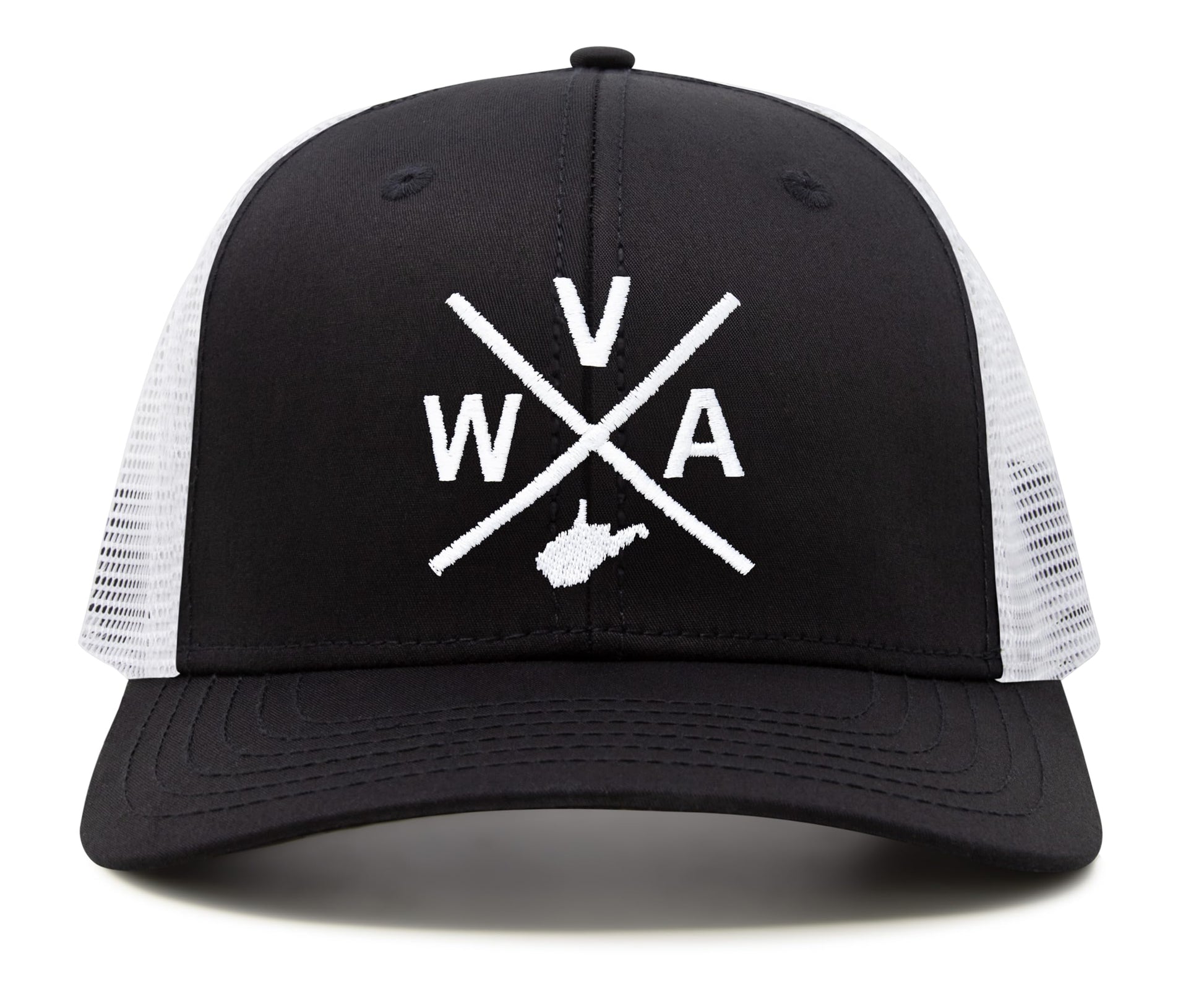 International Tie State City Hat for Men and Women, Snapback Trucker Baseball Cap with Embroidered Cross Logo (West Virginia - WVA, Black White) - International Tie