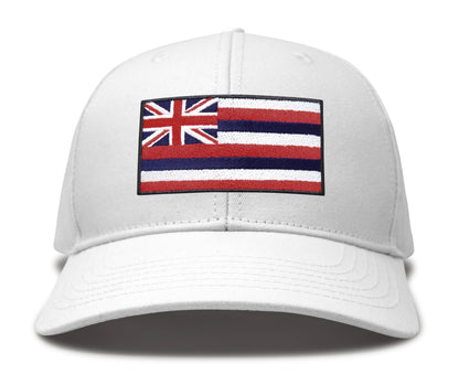 International Tie Hawaiian Flag Trucker Hat for Men & Women - Adjustable Snapback Baseball Cap with Embroidered Patch (All White)