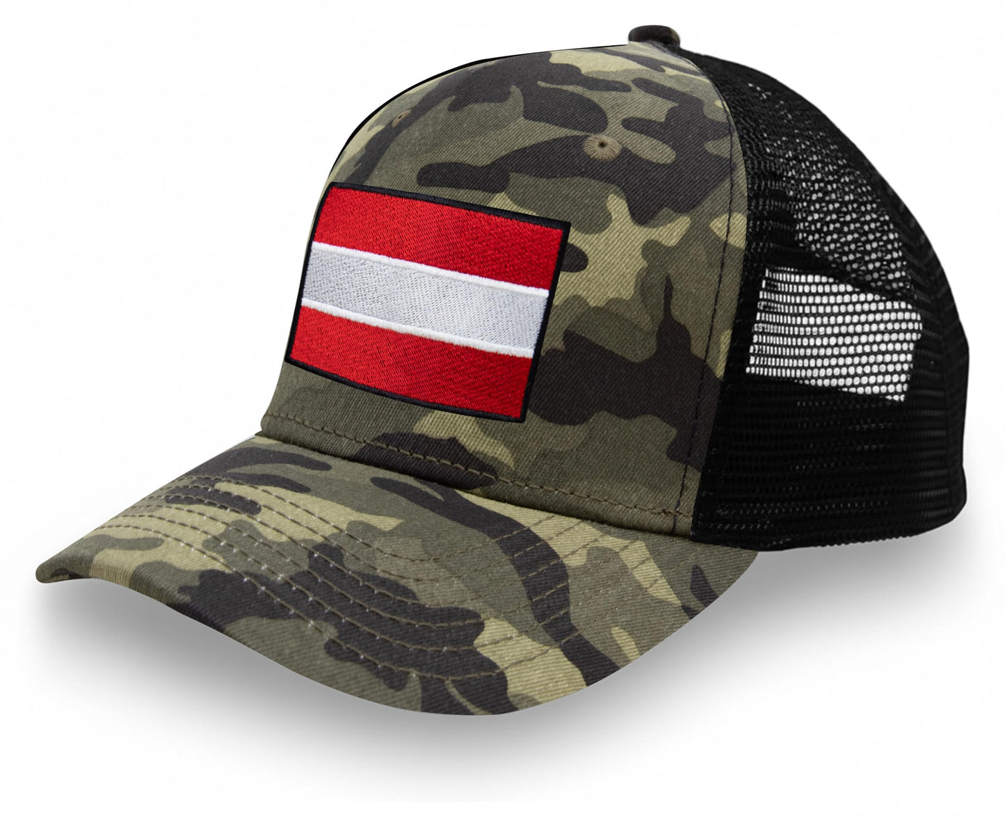 International Tie Country Hat for Men and Women, Adjustable Snapback Trucker Baseball Cap with Embroidered Patch (Austria, Camouflage)