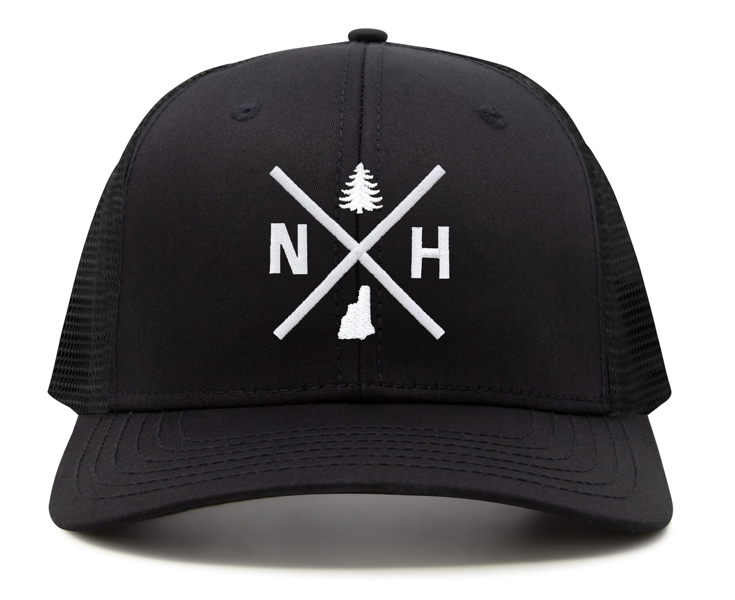 International Tie Hat for Men and Women, Adjustable Snapback Trucker Baseball Cap, Embroidered Cross Logo (NH- New Hampshire, All Black)