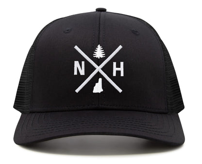 International Tie Hat for Men and Women, Adjustable Snapback Trucker Baseball Cap, Embroidered Cross Logo (NH- New Hampshire, All Black)