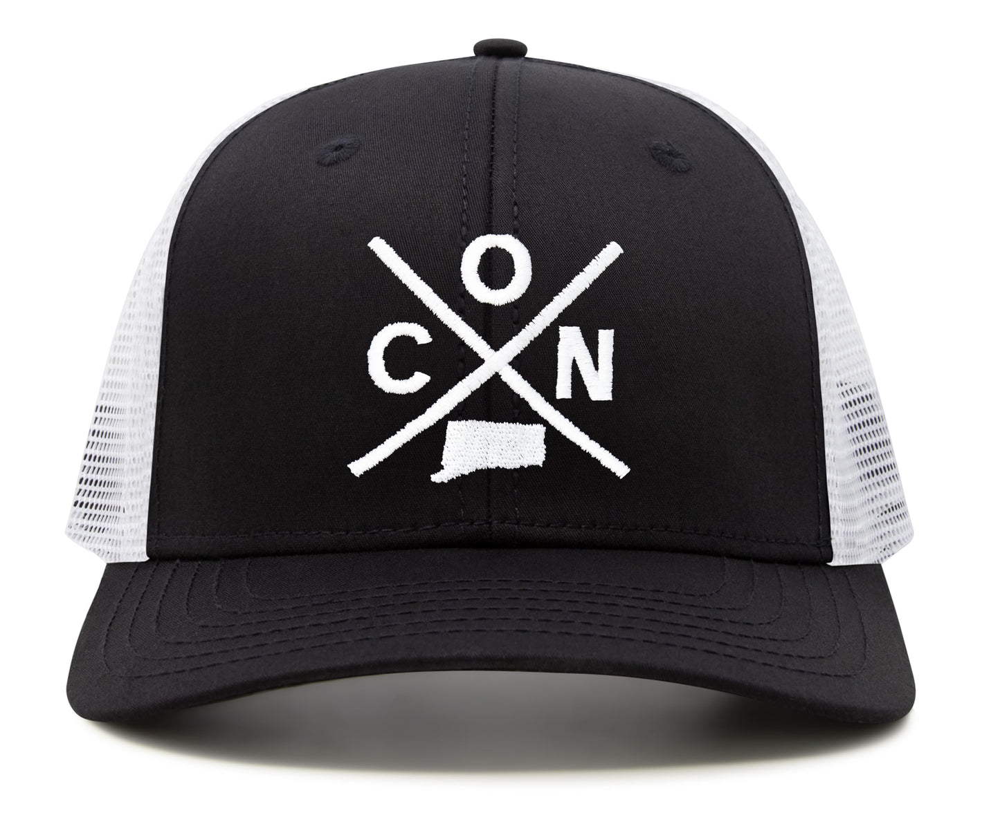 International Tie State City Hat for Men and Women, Snapback Trucker Baseball Cap with Embroidered Cross Logo (Connecticut - CON, Black White)