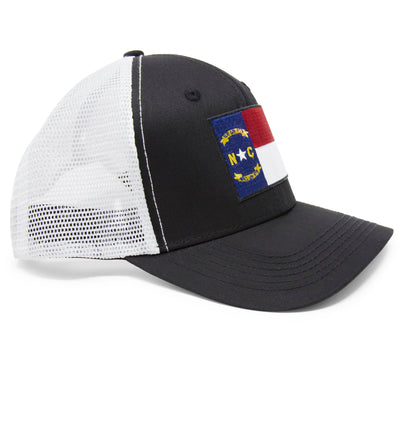 North Carolina Flag Trucker Baseball Snapback Hat (Black White) - International Tie