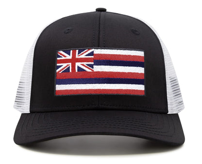 International Tie Hawaiian Flag Trucker Hat for Men & Women - Adjustable Snapback Baseball Cap with Embroidered Patch (Black/White)
