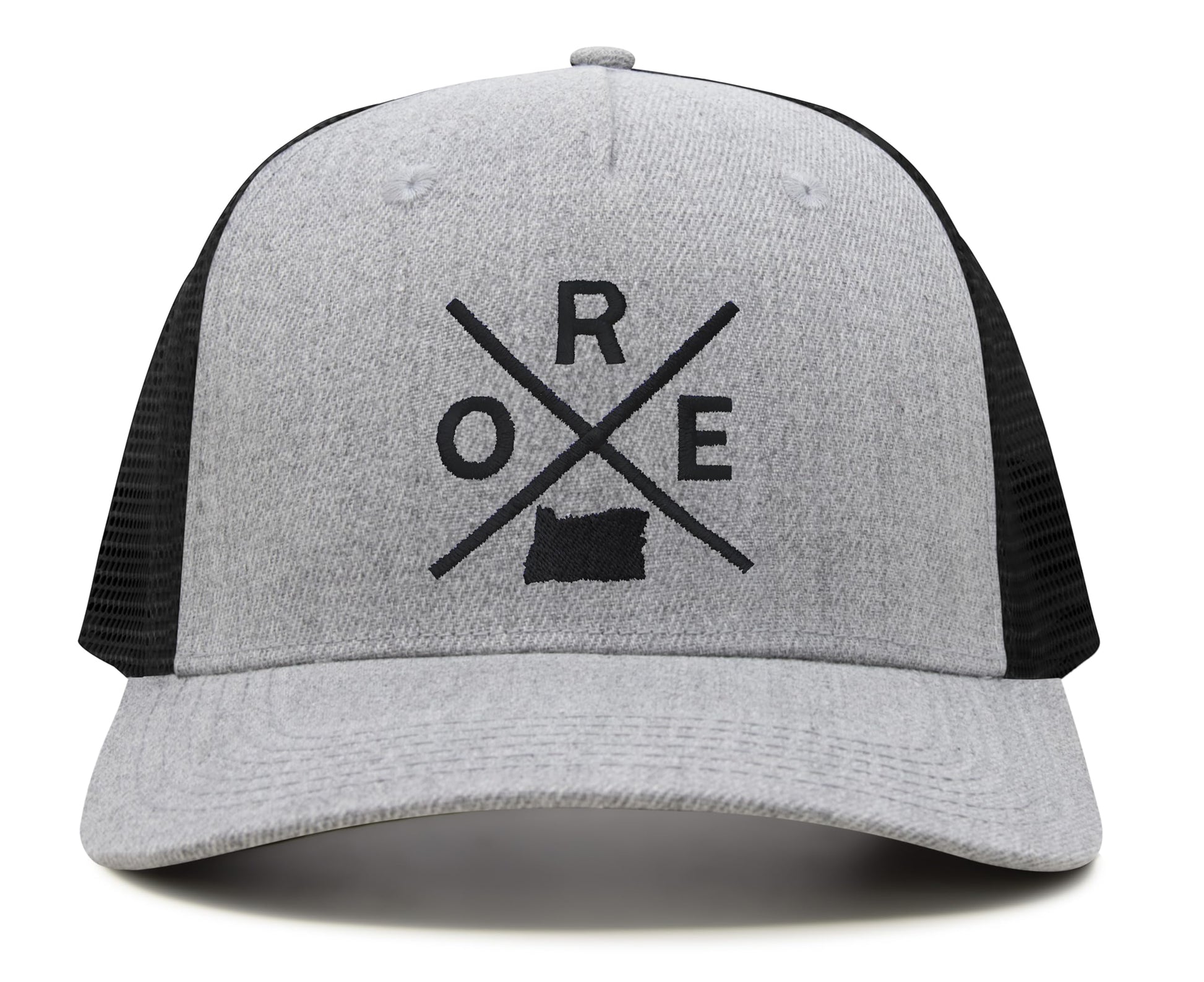 International Tie Hat for Men and Women, Snapback Trucker Baseball Cap, Embroidered Cross Logo (ORE - Oregon, Grey Black) - International Tie