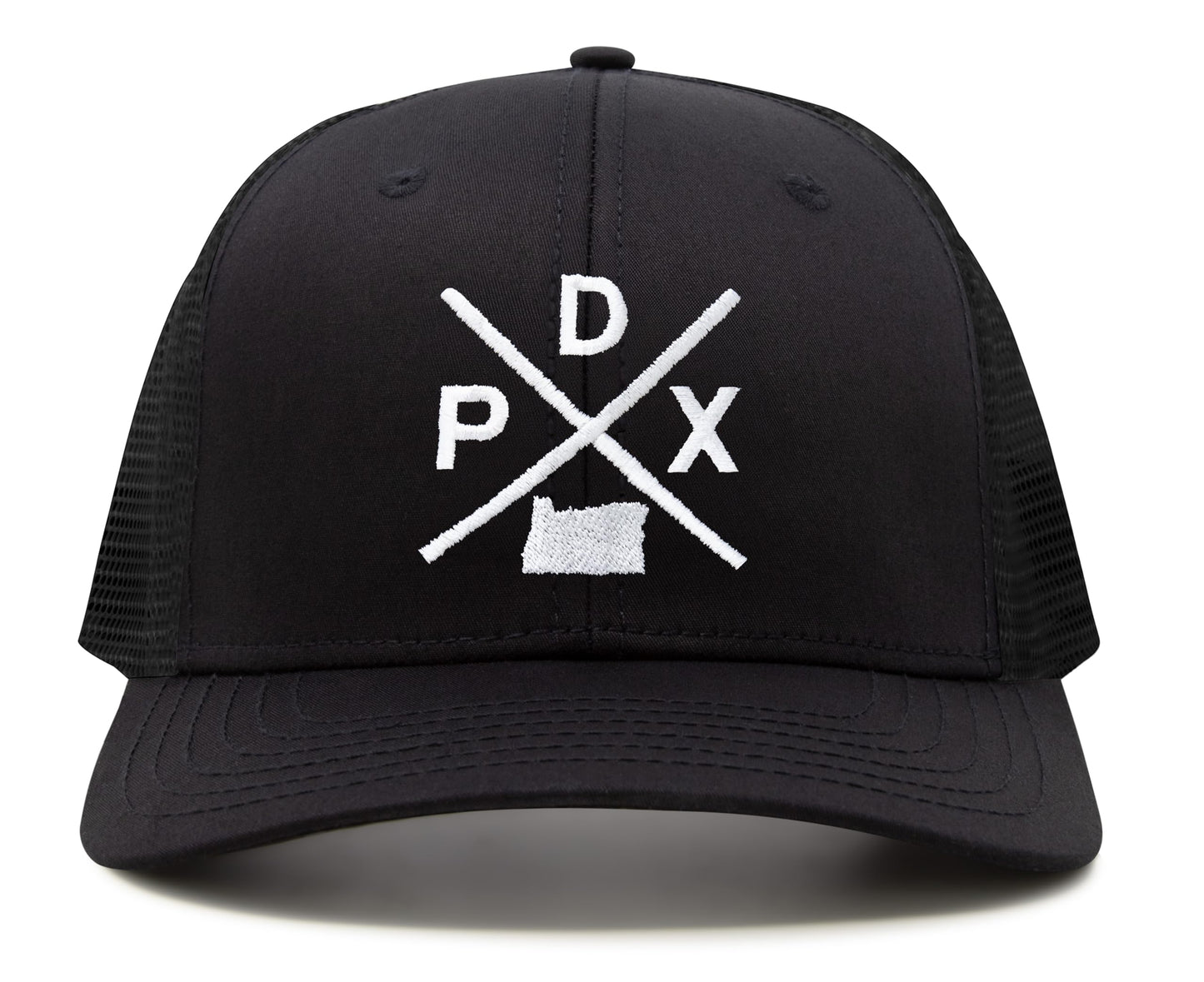 International Tie Hat for Men and Women, Snapback Trucker Baseball Cap, Embroidered Cross Logo (PDX - Portland, All Black) - International Tie