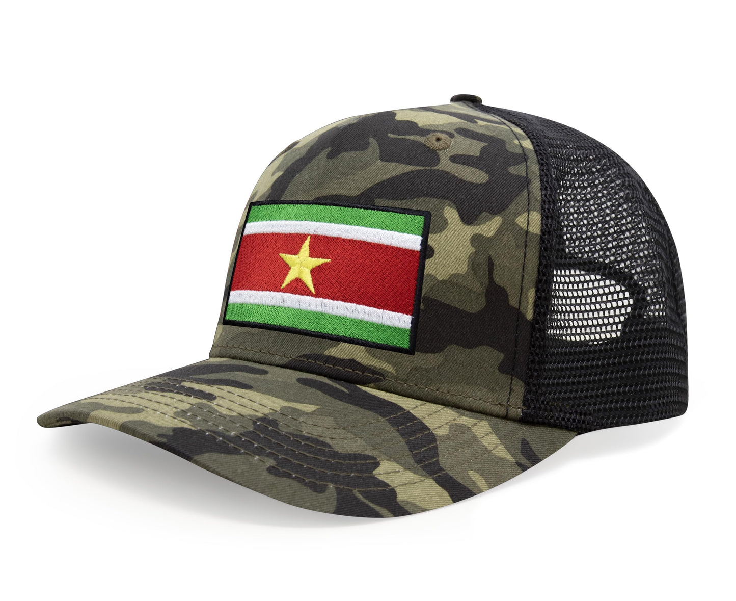 International Tie Country Hat for Men and Women, Adjustable Snapback Trucker Baseball Cap with Embroidered Patch (Suriname, Camouflage) - International Tie