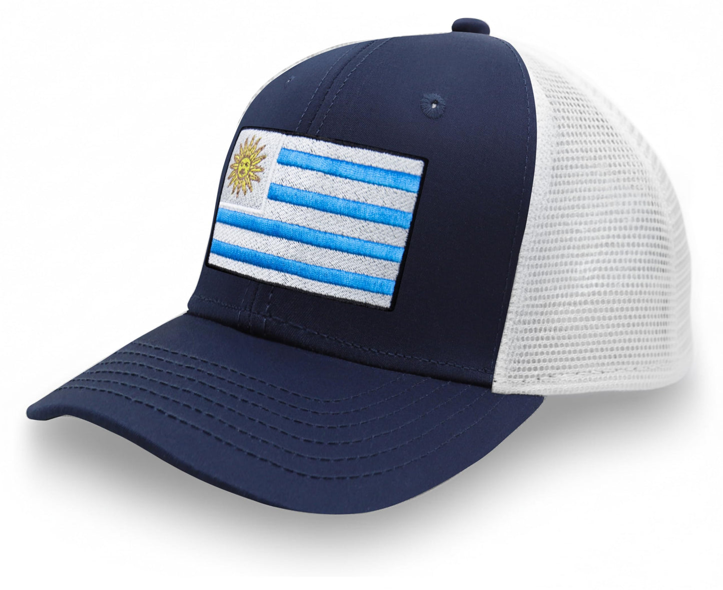 International Tie Country Hat for Men and Women, Adjustable Snapback Trucker Baseball Cap with Embroidered Patch (Uruguay, Navy White)