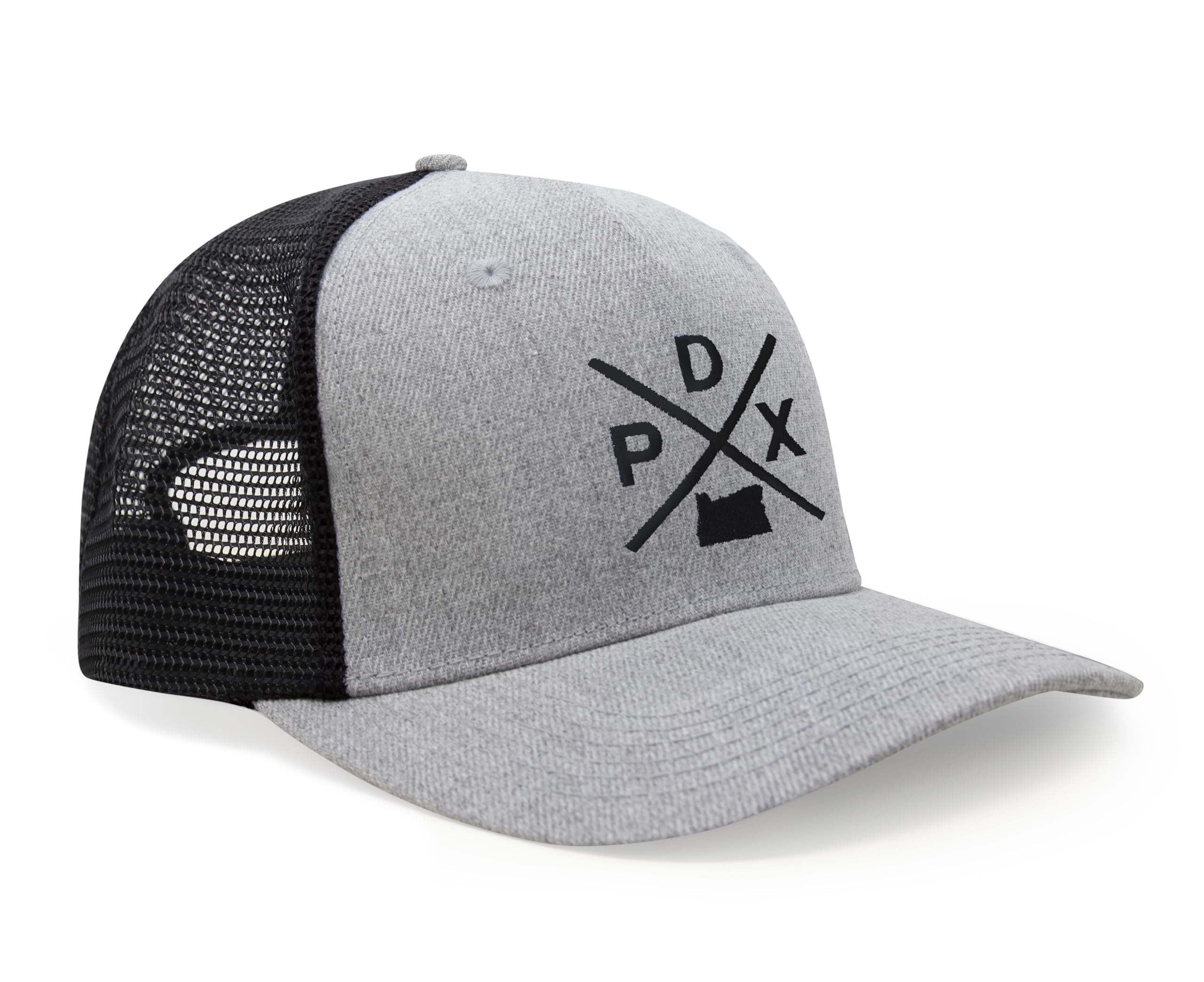 International Tie Hat for Men and Women, Snapback Trucker Baseball Cap, Embroidered Cross Logo (PDX - Portland, Grey Black)