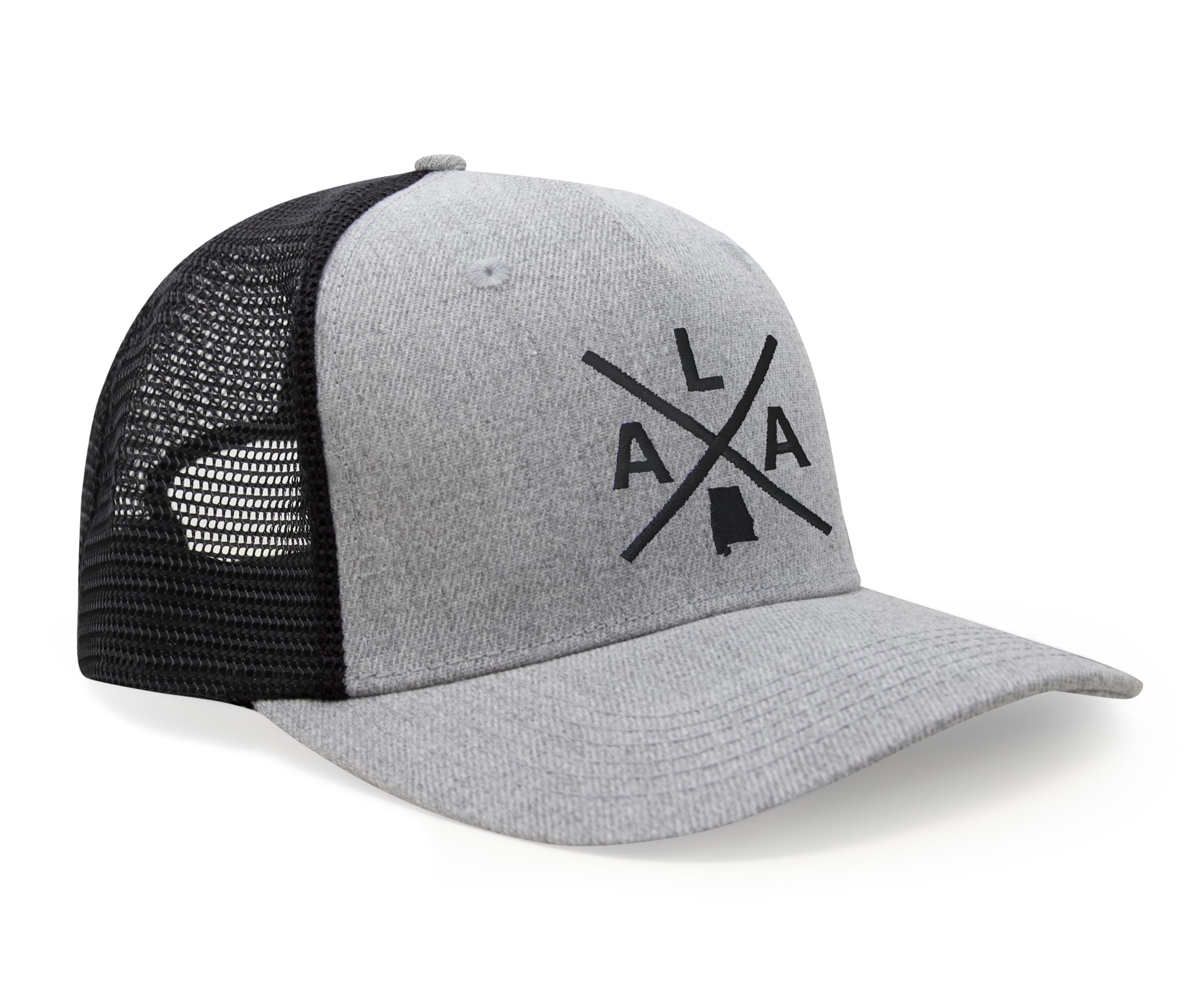 International Tie State City Hat for Men and Women, Snapback Trucker Baseball Cap with Embroidered Cross Logo (Alabama - ALA, Grey Black)