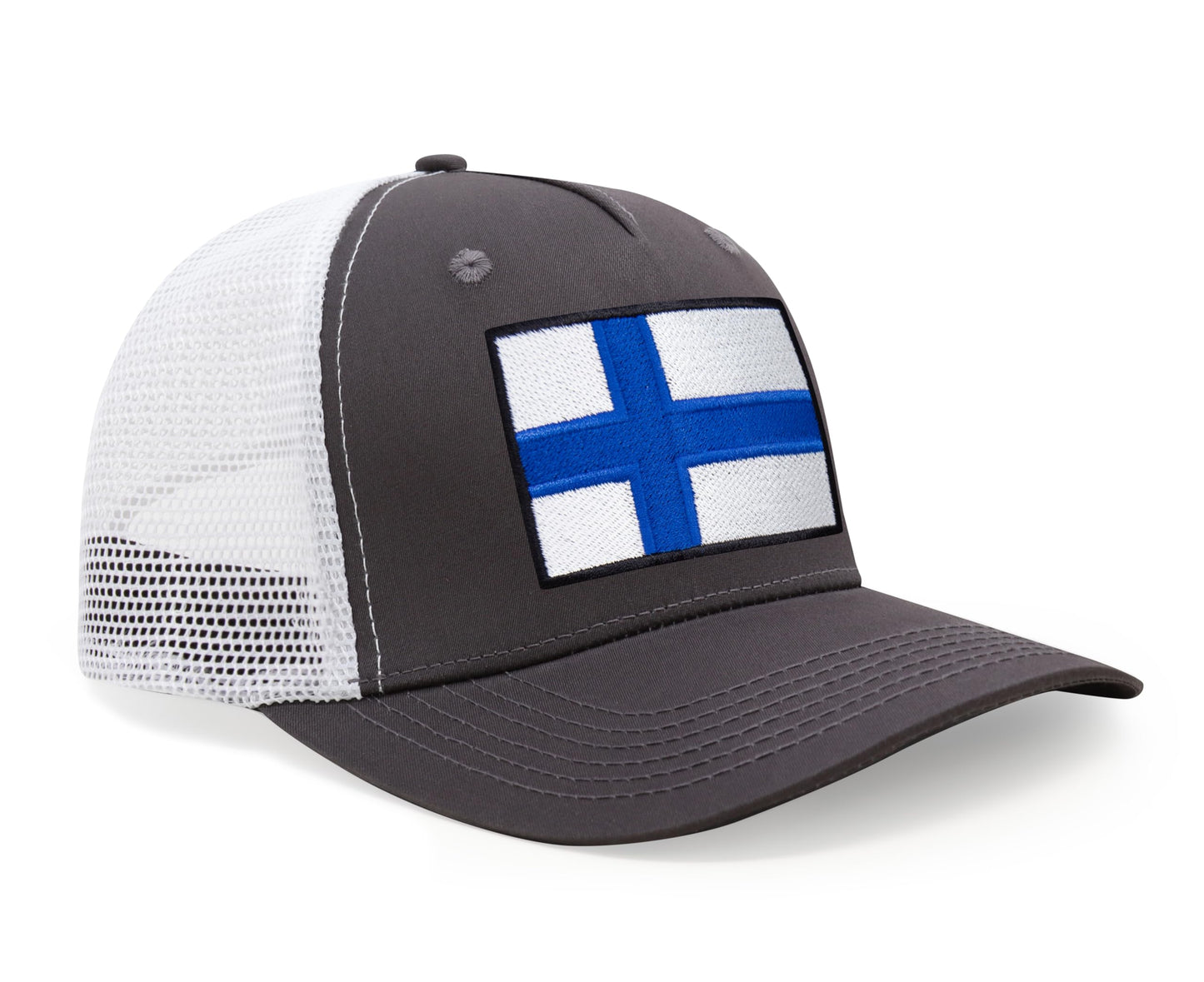 International Tie Finland Flag Hat for Men and Women - Adjustable Snapback Trucker Baseball Cap (Grey White)
