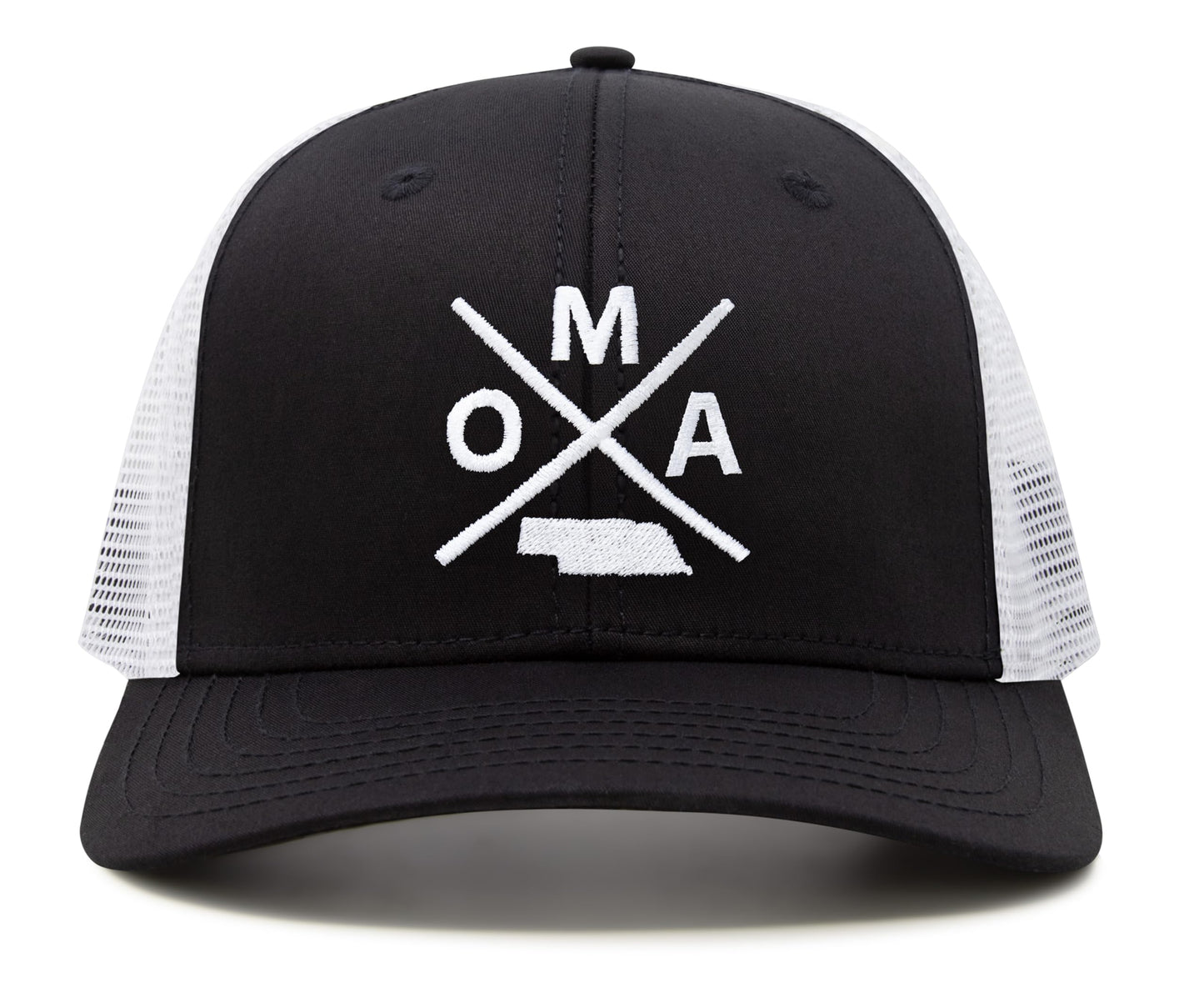 International Tie Hat for Men and Women, Snapback Trucker Baseball Cap, Embroidered Cross Logo (OMA - Omaha, Black White) - International Tie