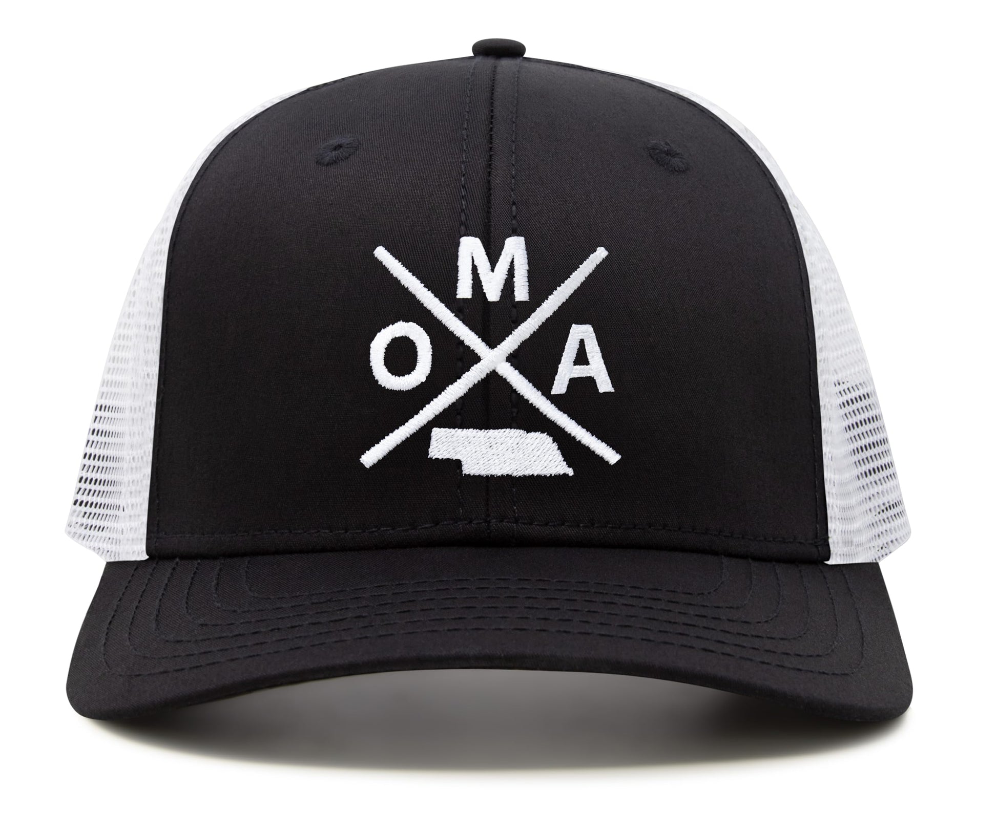 International Tie Hat for Men and Women, Snapback Trucker Baseball Cap, Embroidered Cross Logo (OMA - Omaha, Black White) - International Tie