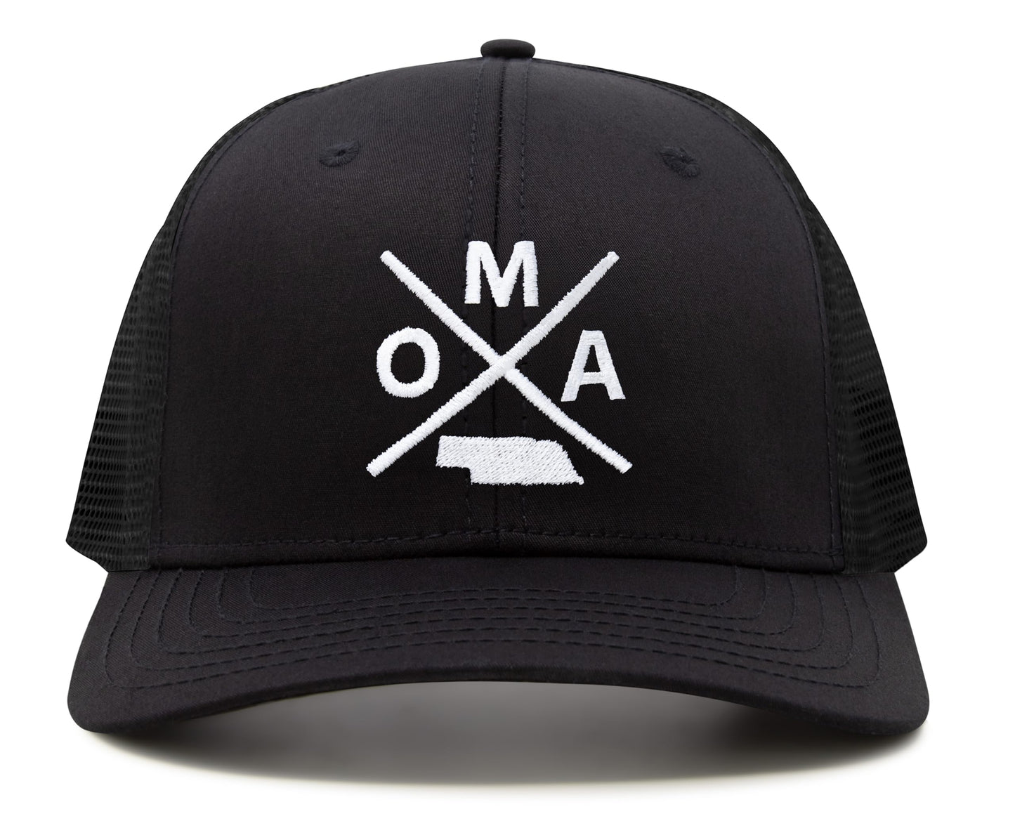International Tie Hat for Men and Women, Snapback Trucker Baseball Cap, Embroidered Cross Logo (OMA - Omaha, All Black) - International Tie