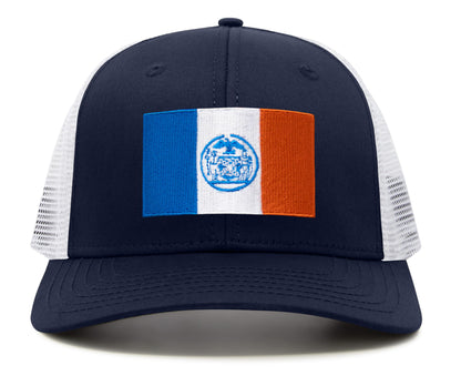 International Tie New York City Flag Hat for Men and Women - Adjustable Snapback Trucker Baseball Cap (Navy White)
